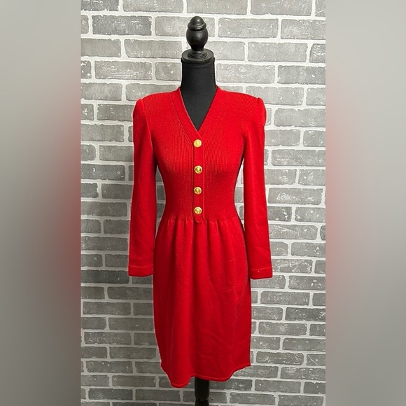 Vintage Toula Red Knit Sweater Dress with gold buttons .. BEAUTIFUL - Picture 1 of 15